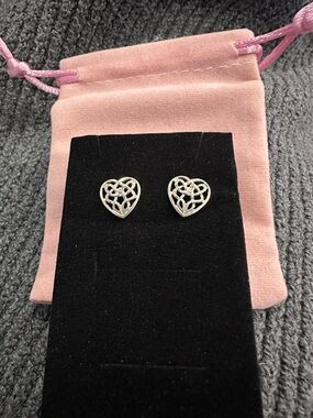 Sterling Silver Openwork Heart Stud Earrings - Pink